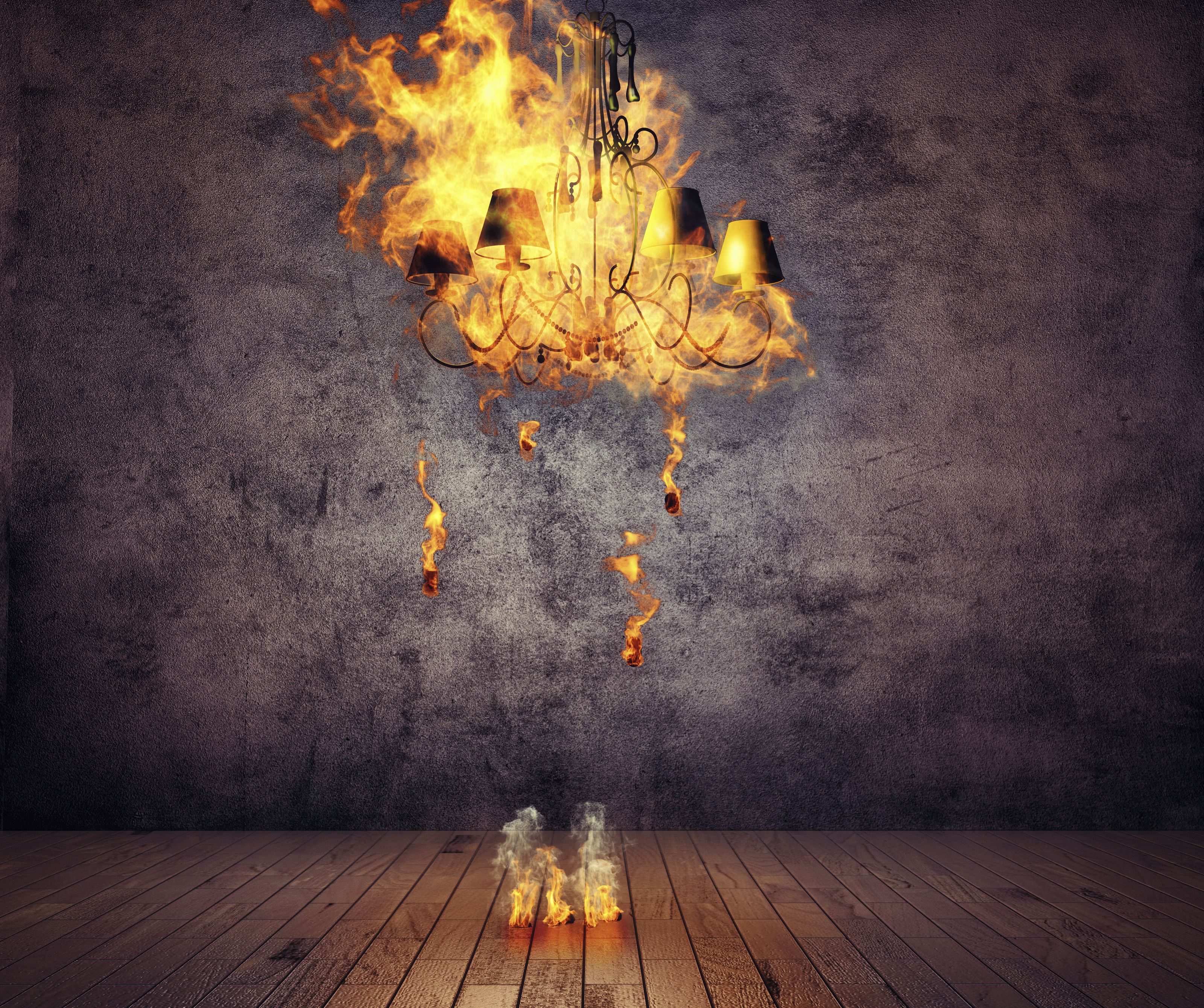 burning chandelier  in the grunge interior. 3D illustration creative concept