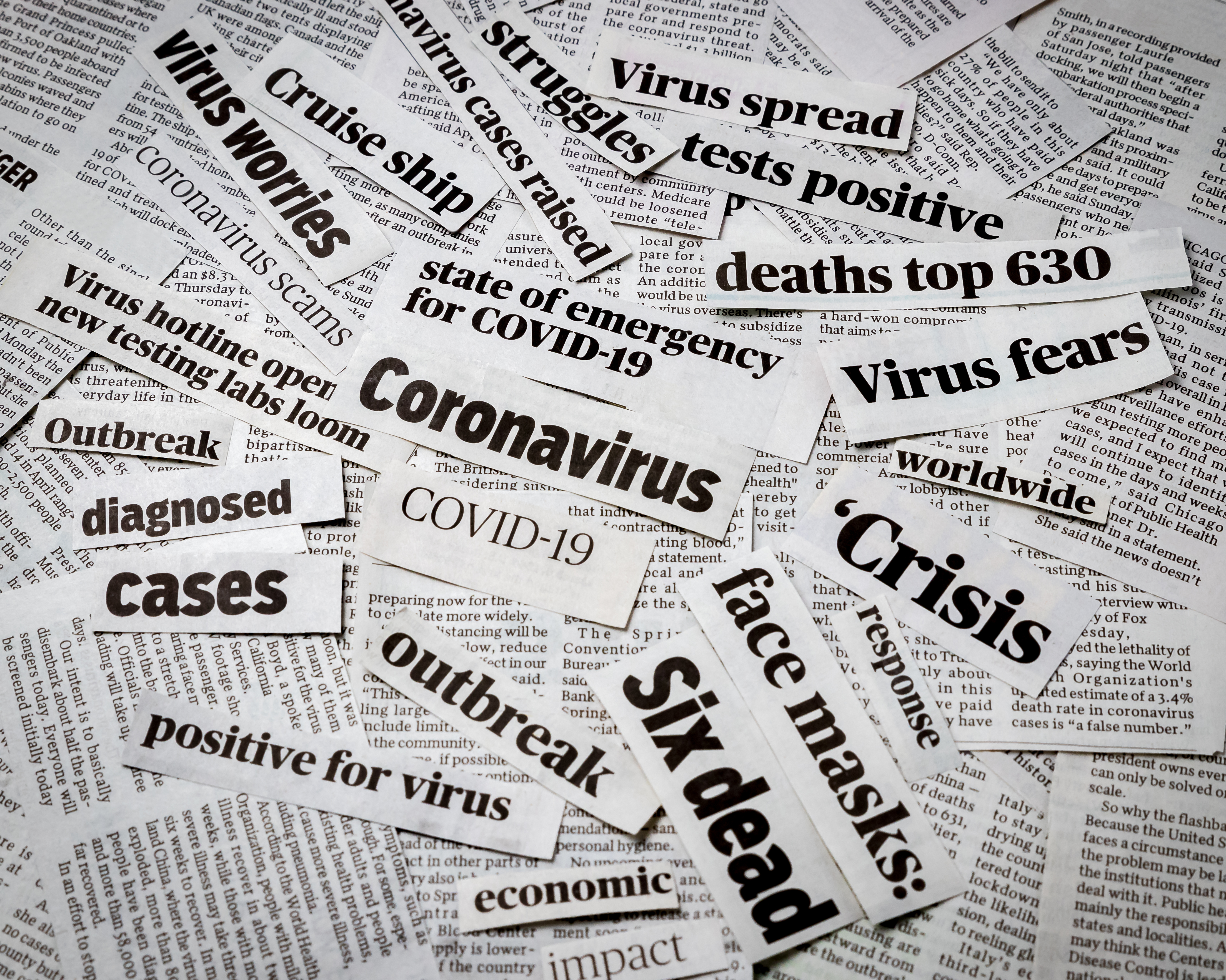 Coronavirus, covid-19 newspaper headline clippings. Print media information isolated