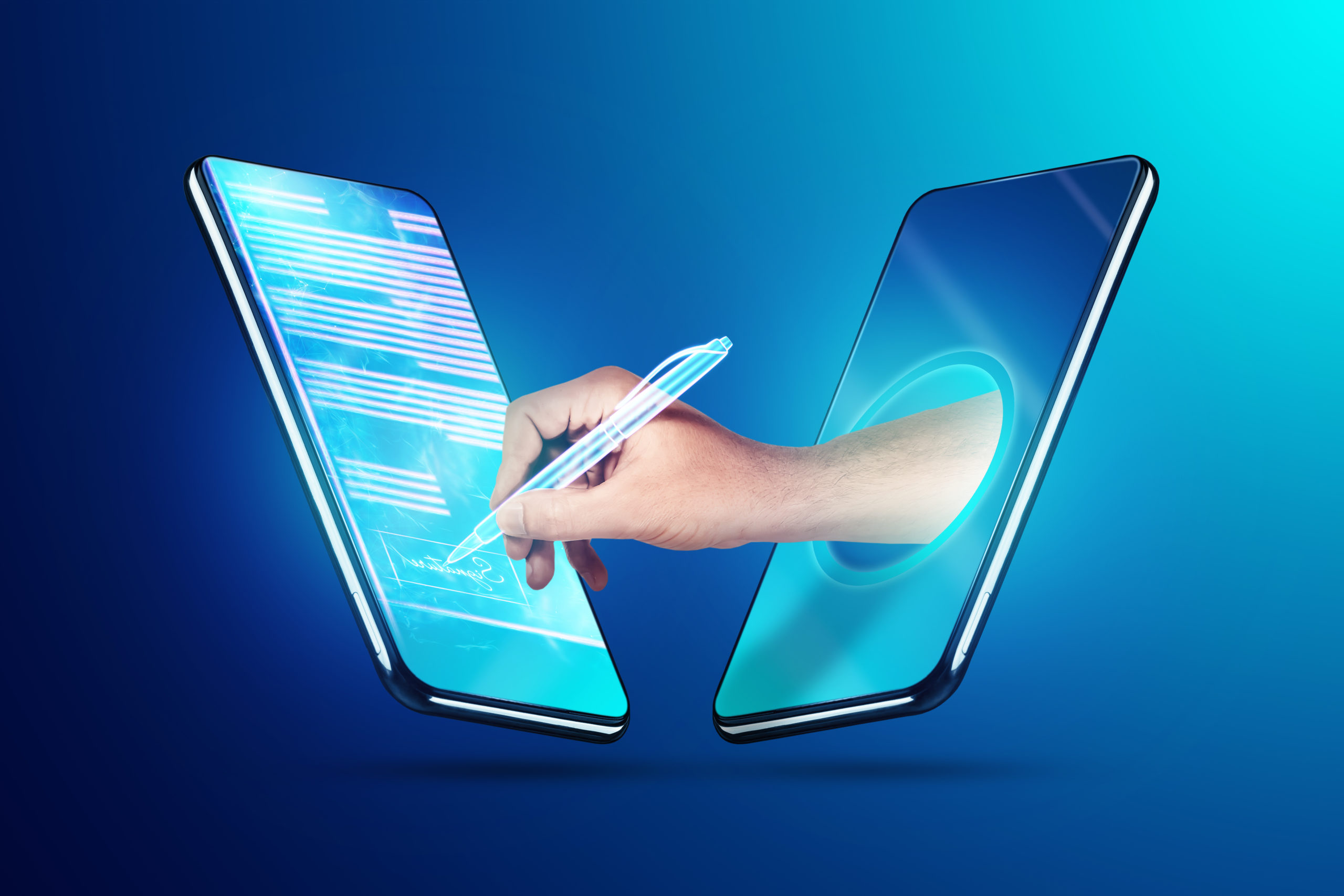 Male hand and modern smartphone hologram contract. Concept for electronic signature, business, remote collaboration, copy space. Mixed media.