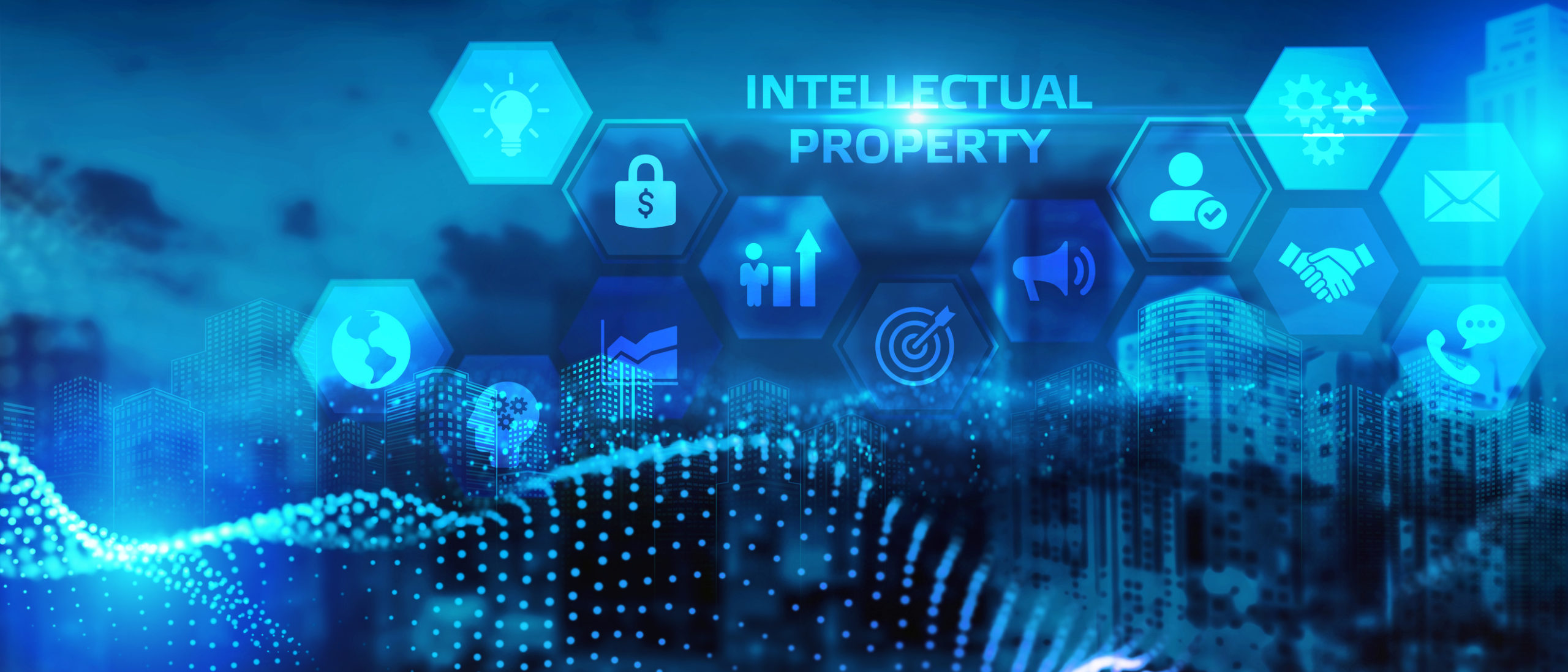 The concept of business, technology, the Internet and the network. A young entrepreneur working on a virtual screen of the future and sees the inscription: Intellectual property