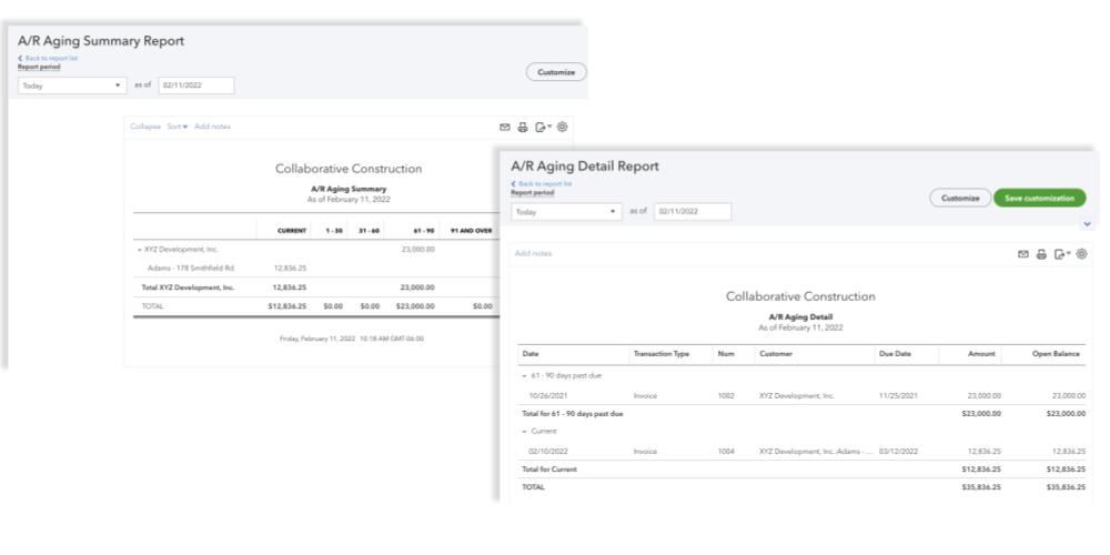 Side-by-side comparison of A/R Aging Summary and A/R Aging Detail Reports in QuickBooks