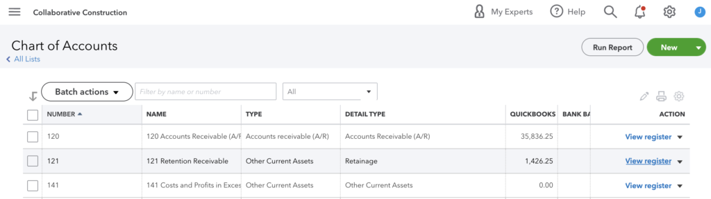 Screenshot of QuickBooks Chart of Accounts, showing Accounts Receivable and Retention Receivable accounts.