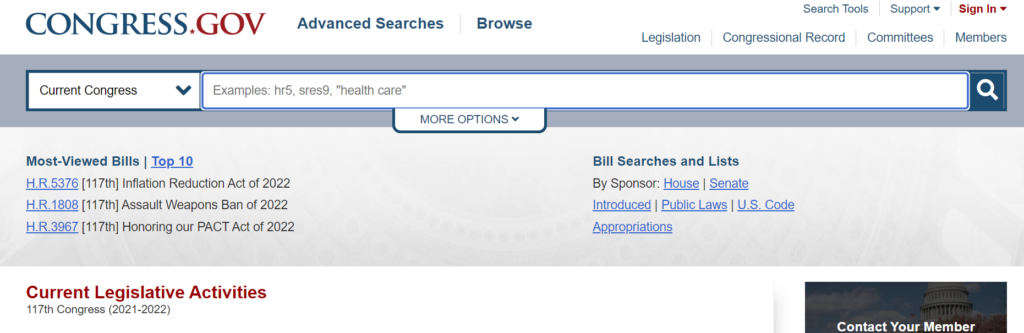 The Congress.gov homepage. 