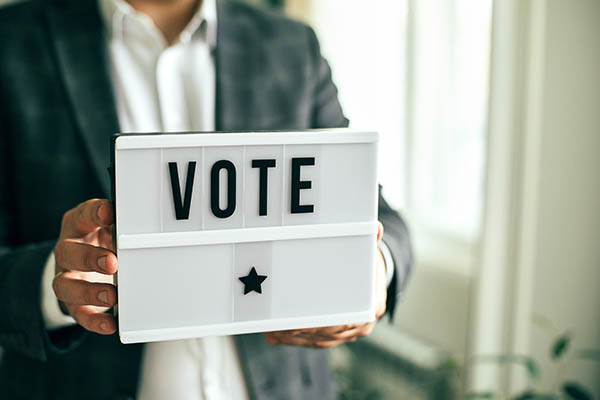 person holding a vote sign