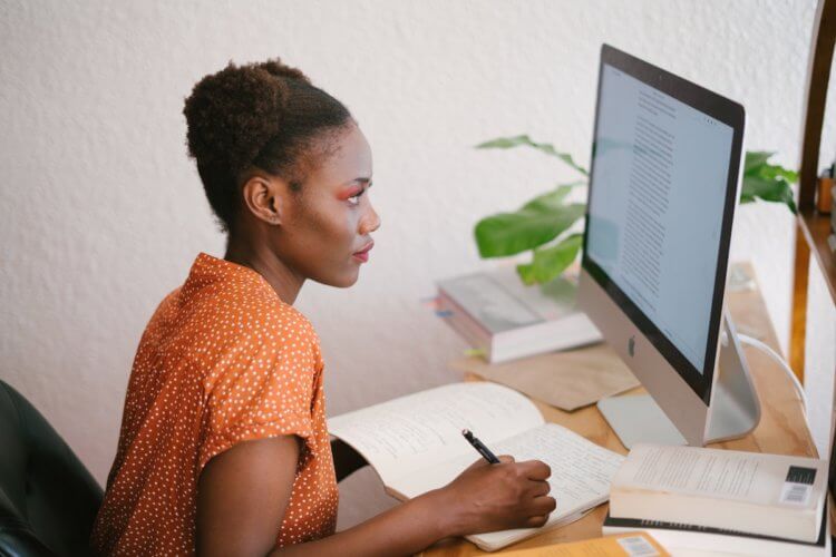 Lawyer studying data security at computer