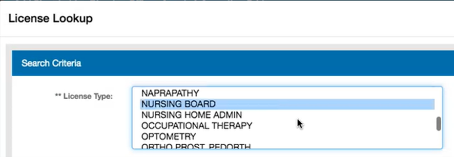 IDFPR license upload screen This image shows the selectable list of IDFPR licenses. A blue banner at the top reads "Search Criteria." A drop-down list of License Types is expanded to show a number of different options, where PLLC owners registering their business can select their personal license.