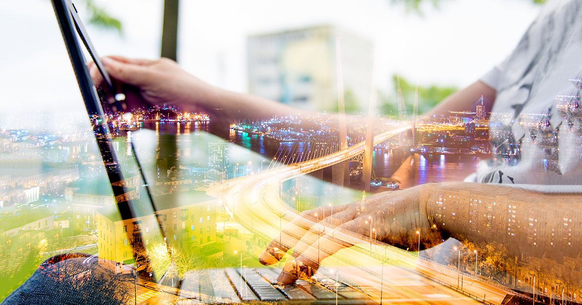 technology and communication, work at the keyboard with a laptop outdoors,