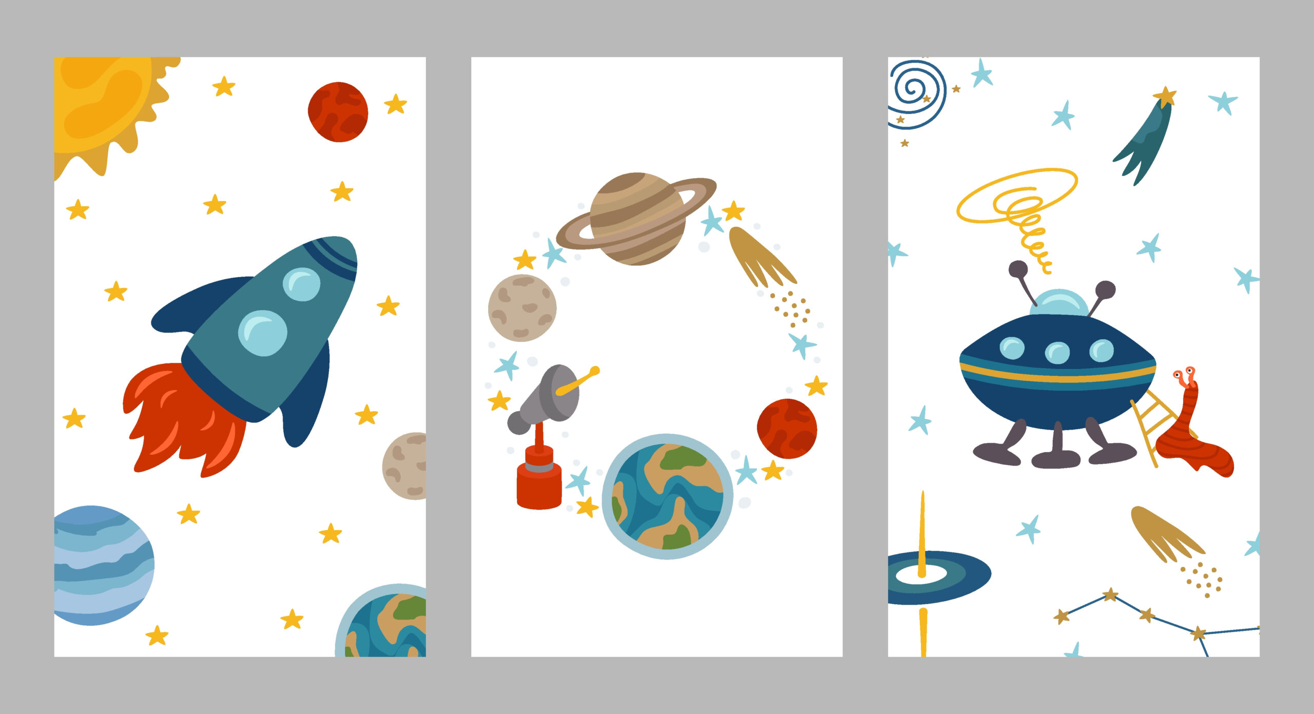 Set of space postcards for a party, themed birthday invitations. Colorful design for holidays with rocket, alien ship, planets, sun, earth, constellations, stars.