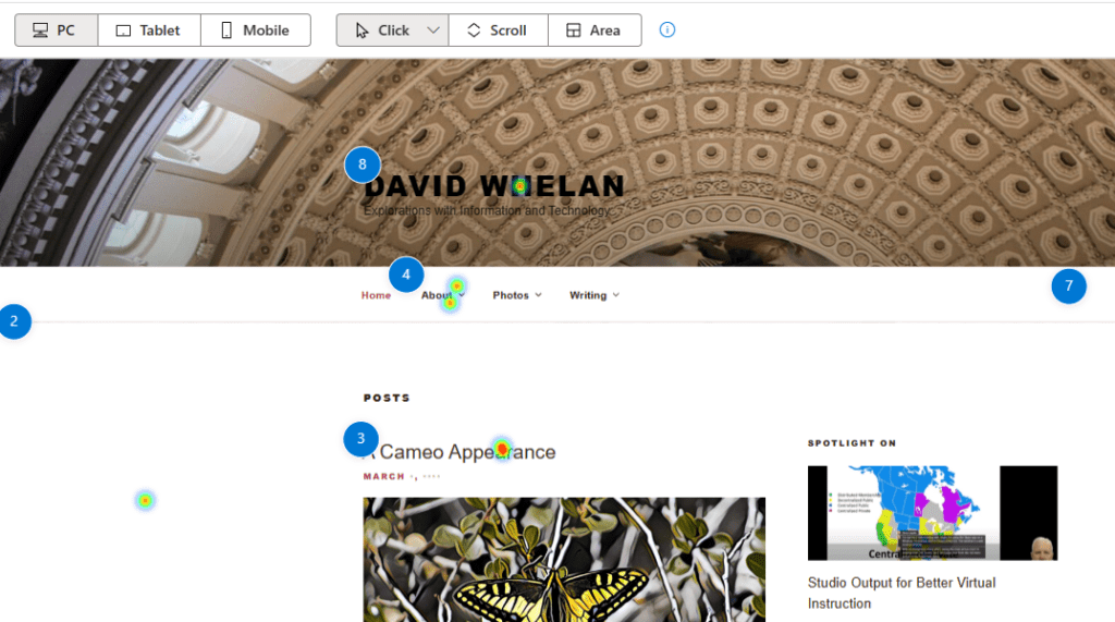 A screenshot of David's blog home page.  There are colored circles on the picture.  The blue circles have numbers in them to show the number of interactions.  The green to red circles show where the interactions occurred.
