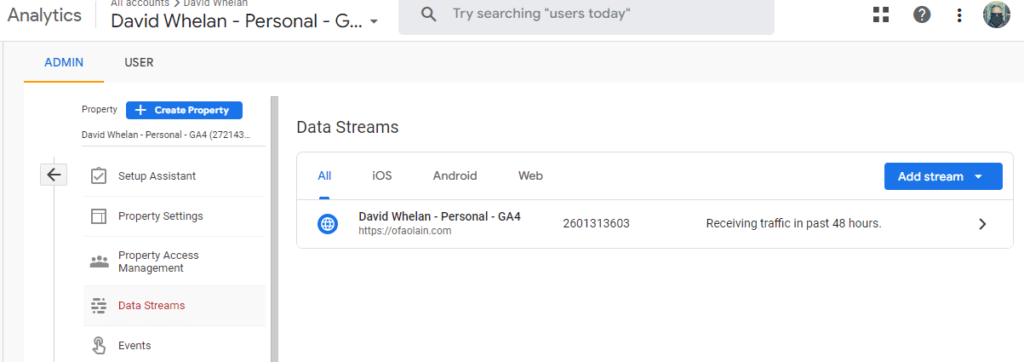 A screenshot of the Google Analytics 4 dashboard, with the Data Stream panel open.  There is one entry and it says it is "receiving traffic in past 48 hours"
