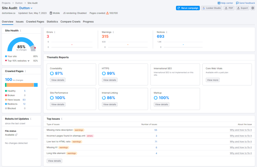 Semrush site audit