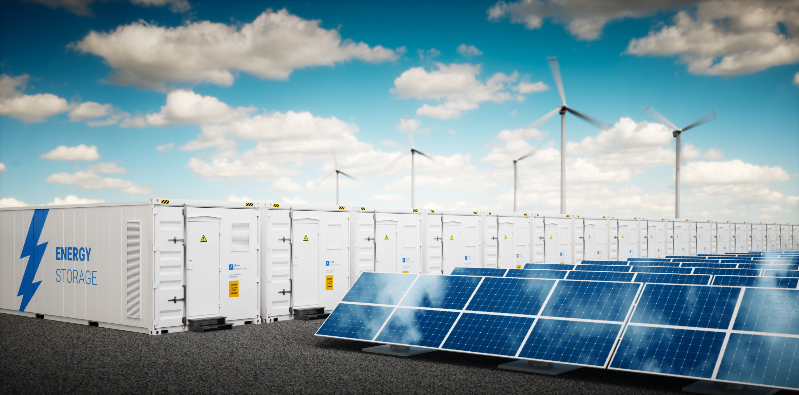 Concept of energy storage system.Concept of energy storage system. Renewable energy power plants - photovoltaics, wind turbine farm and battery container. 3d rendering.