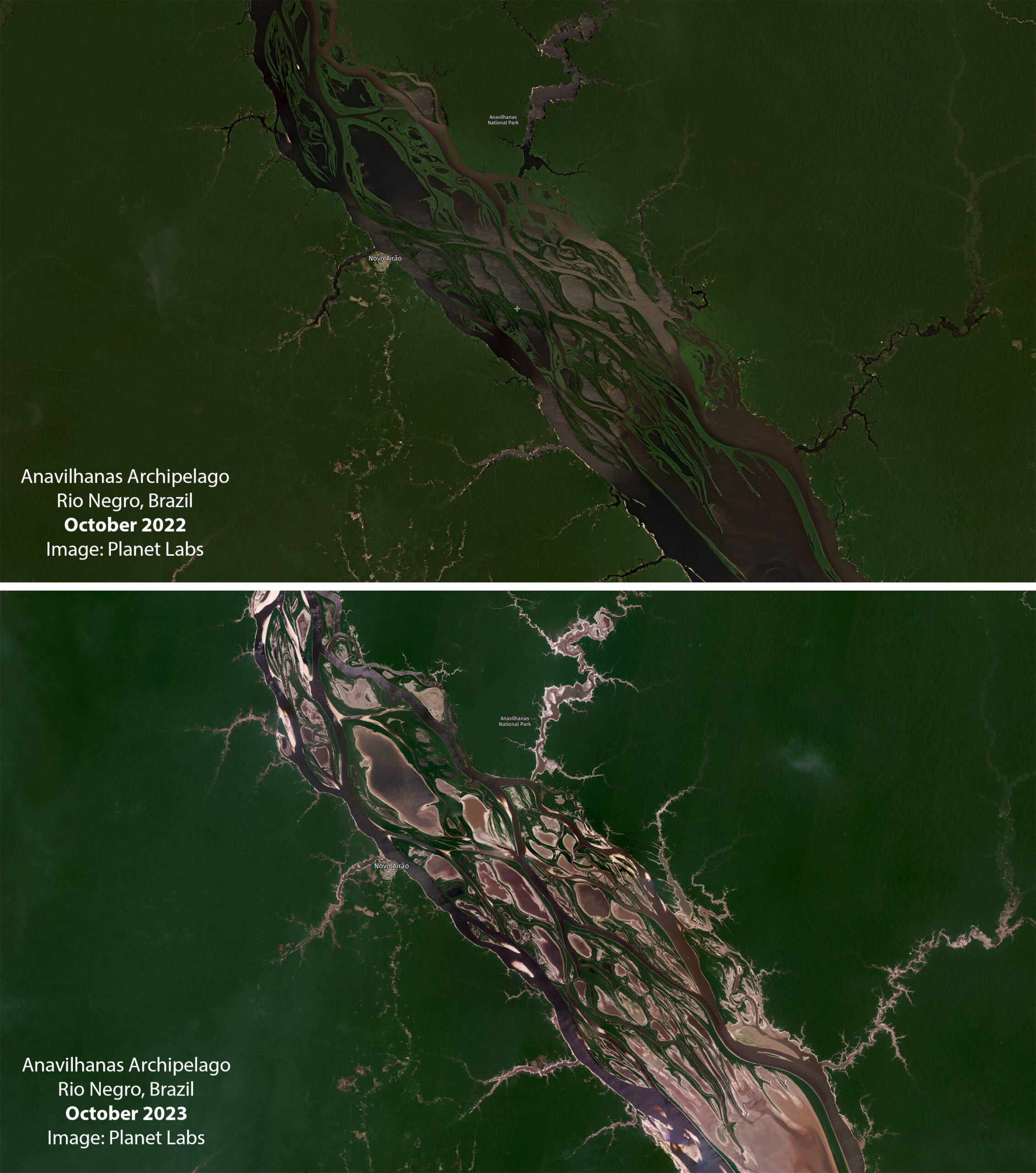 Planet satellite image of the Anavilhanas Archipelago in the Rio Negro in Brazil in October 2022 and October 2023. Courtesy of Planet