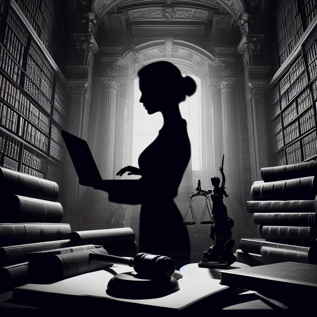  female lawyer in a grand library with a laptop open and piles of books