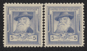 Photo of two identical postage stamps with pictures of a bearded man wearing a hat in blue ink against a beige background. The top of the stamp says "United States Postage" and the bottom of the stamp says "5 Cents" and "Walt Whitman."