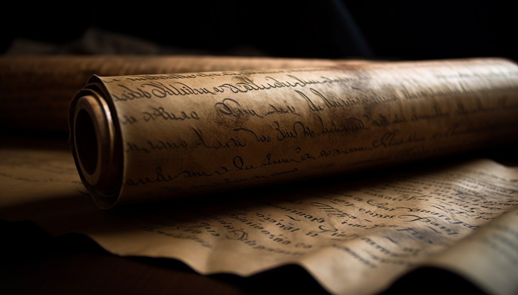 Old fashioned letter with ancient calligraphy on parchment generated by artificial intelligence