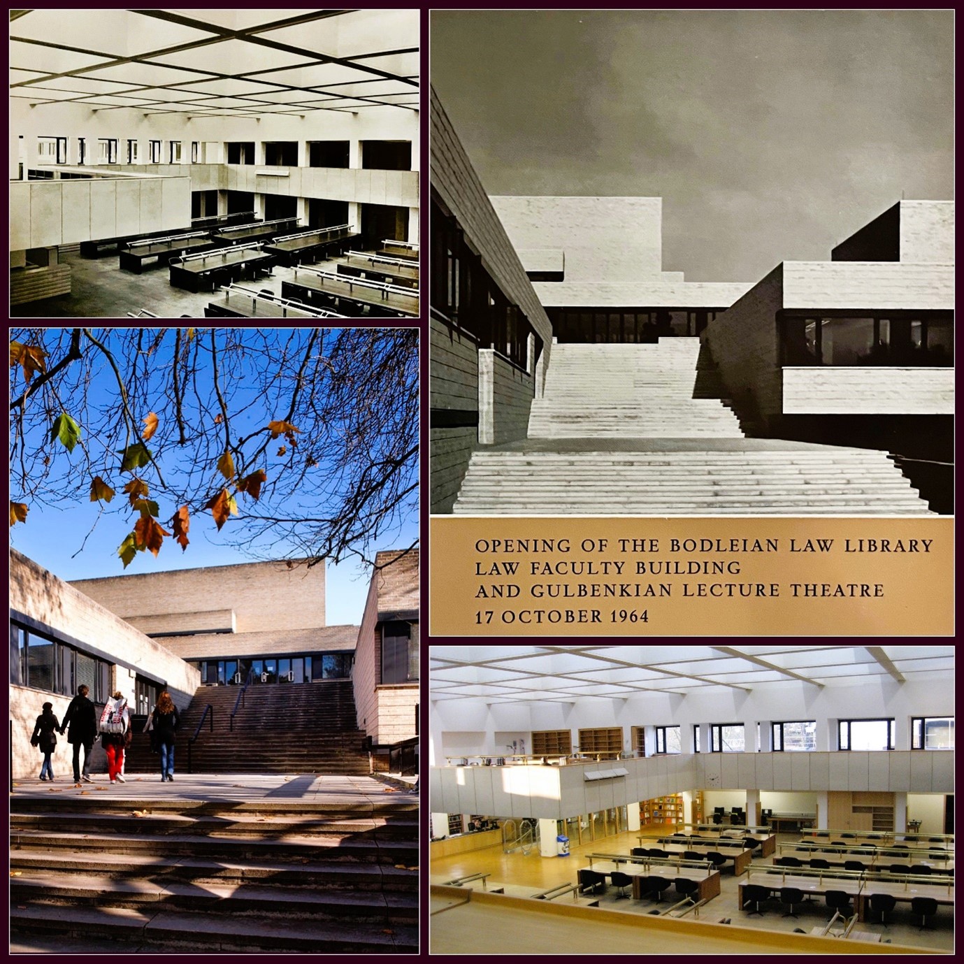 Cpllage of two black and white photos of the main facade of the Law Library and the main Reading Room together with same views taken more recently in colour