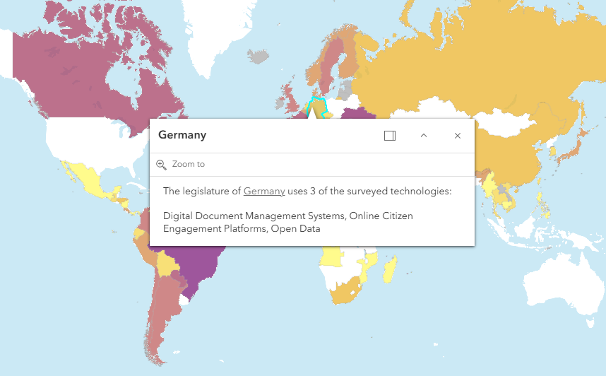 A screenshot of an interactive world map, color-coded by the number of technologies used by each jurisdiction. In this example, the pop-up window for Germany is open, with a turquoise outline around Germany's border indicating that it was clicked.