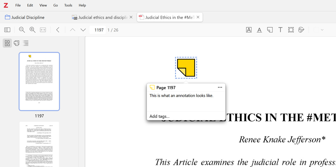 The image displays the Zotero PDF viewer, focused on a document titled "Judicial Ethics in the #MeToo World". In the left panel, the document's thumbnail and page numbers are visible. The central view shows the first page of the document, with a yellow annotation icon placed at the top. A tooltip appears next to the annotation icon, reading: "This is what an annotation looks like." Below the text, there is an option to "Add tags." The top toolbar includes various options for annotation and navigation within the document.
