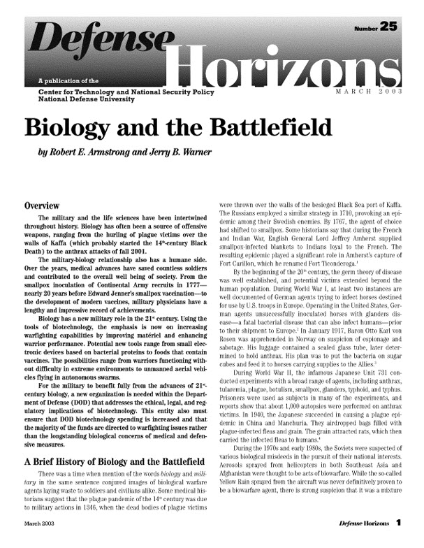 image of the cover of policy brief titled "Biology and the Battlefild"