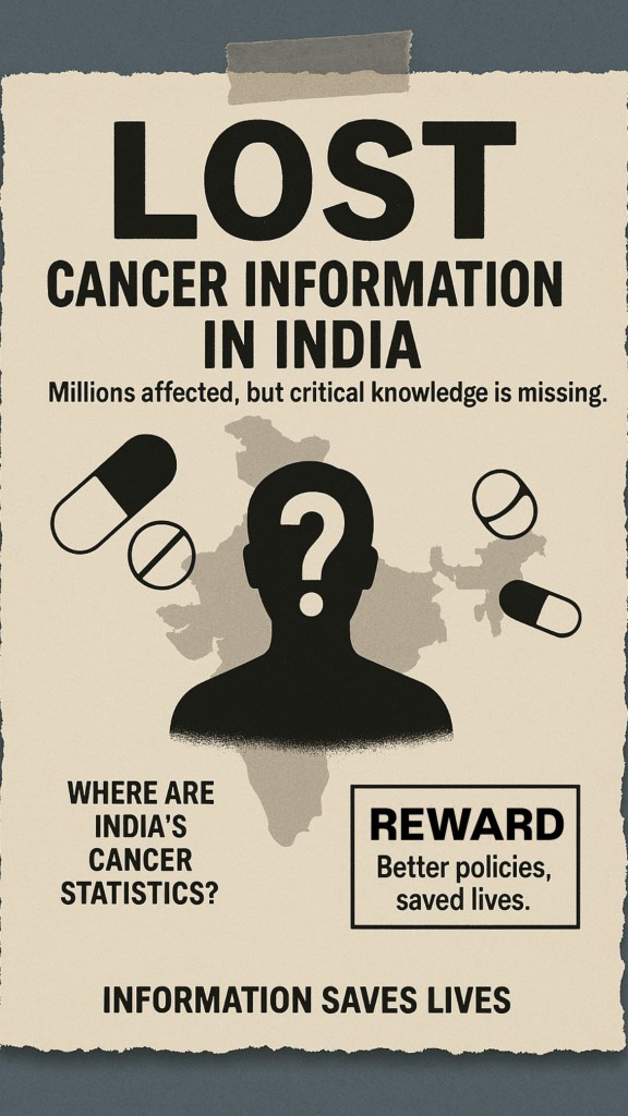 Lost Cancer Information in India
Millions Affected, but Critical Knowledge is Missing.
Where are India's Cancer Statistics?
Reward - Better Policies, Saved Lives.
Information Saved Lives.
(Lost and Found Poster)