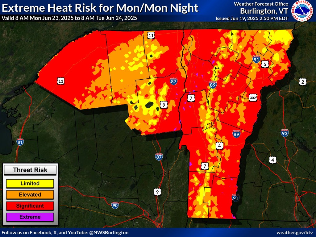Weather map of Burlington, VT area showing extreme heat risk for June 23-24, 2025; most regions marked in red for extreme threat with some areas in orange and yellow for significant or elevated risk.
