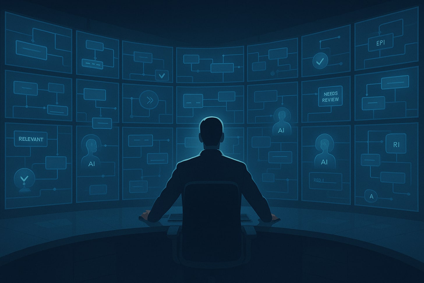 A professional sits in front of a large curved screen filled with glowing flowcharts and AI decision nodes. Each screen displays steps in an automated workflow, including labels like &ldquo;Relevant,&rdquo; &ldquo;Needs Review,&rdquo; and &ldquo;AI.&rdquo; The scene conveys a high-tech control room where complex tasks are being monitored without hands-on intervention.