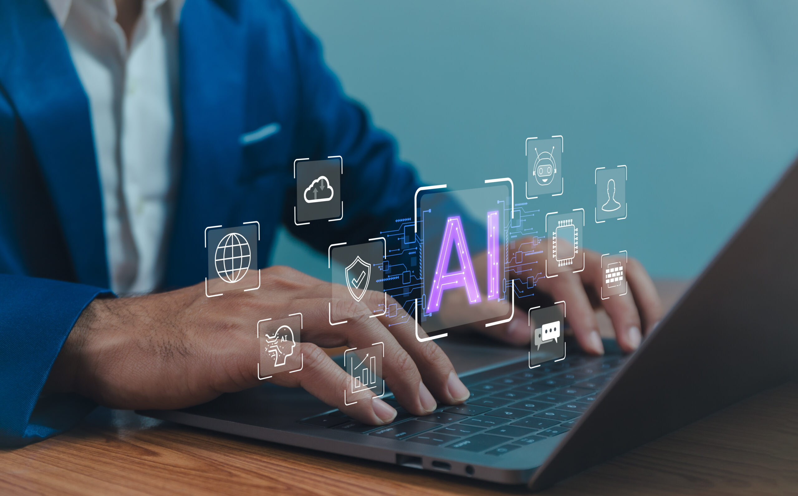 AI generated artificial intelligence chatbot, humans use AI technology enter command prompt for generate, Business person chatting with a smart bot developed, Futuristic technology transformation.