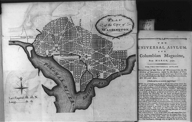 A drawn black and white map from 1792 of the District of Columbia, including its bordering rivers.