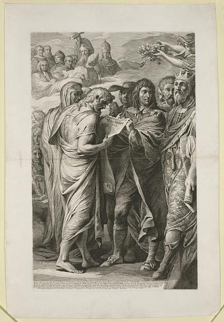 A black and white etching of Maryland's founders alongside William Penn and historical figures such as Marcus Aurelius, King Alfred, Mary Queen of Scots,