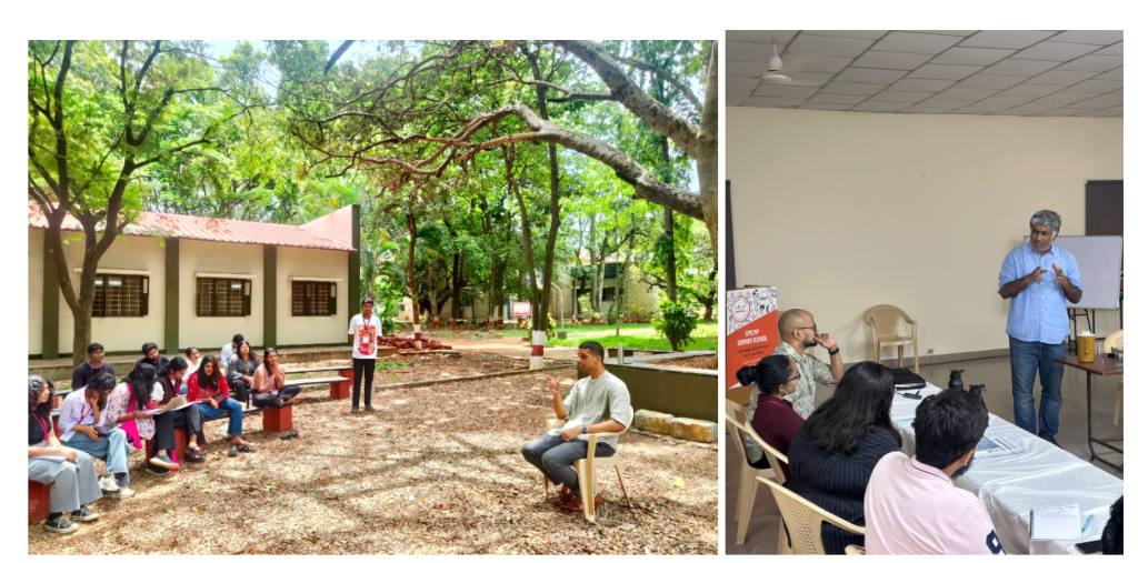 Group of students sitting outdoors in a classroom setting, engaged in a discussion during the SpicyIP Summer School.