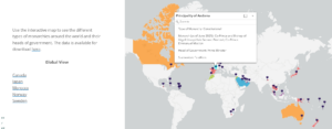 A screenshot from the interactive map feature of the Story Map, with a color-coded map on the right side. A pop-up is clicked on, displaying information for the Principality of Andorra. On the right are links to respective countries' Guides to Law Online.