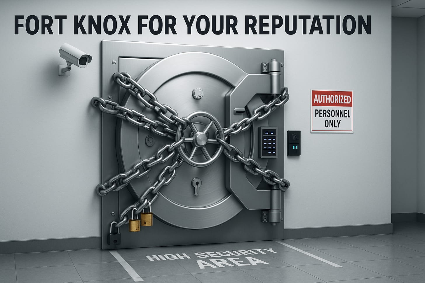 Professional bank vault with heavy steel door, thick security chains, multiple padlocks, electronic keypad, biometric scanner, security camera, and 'Authorized Personnel Only' warning sign on clean office floor marked 'High Security Area' - representing multiple layers of AI safety protection
