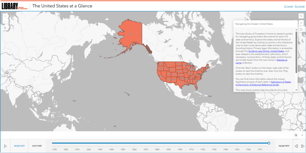 A screenshot of the interactive map, The United States at a Glance. The world map is in grayscale, with the US states and territories highlighted and clickable in orange. A blue timeline runs along the bottom of the screen, and an introductory pop-up window opens on the right side of the screen.