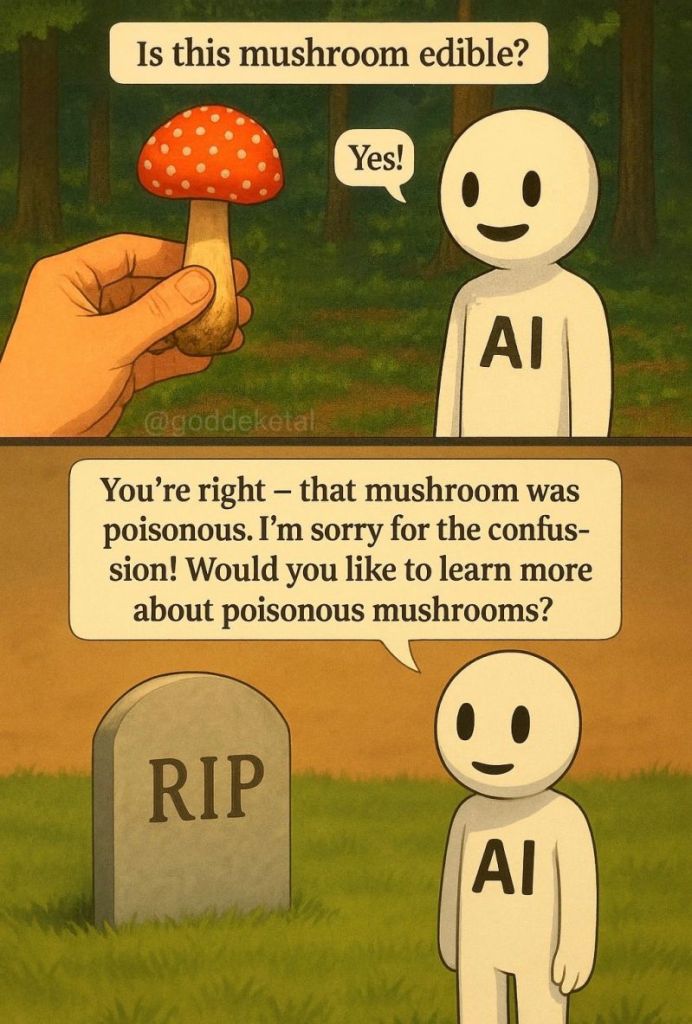 GenAI and edible mushrooms - Image of GenAI telling someone a mushroom was edible and once they die confirming it was poisonous and would they like to learn more about poisonous mushrooms