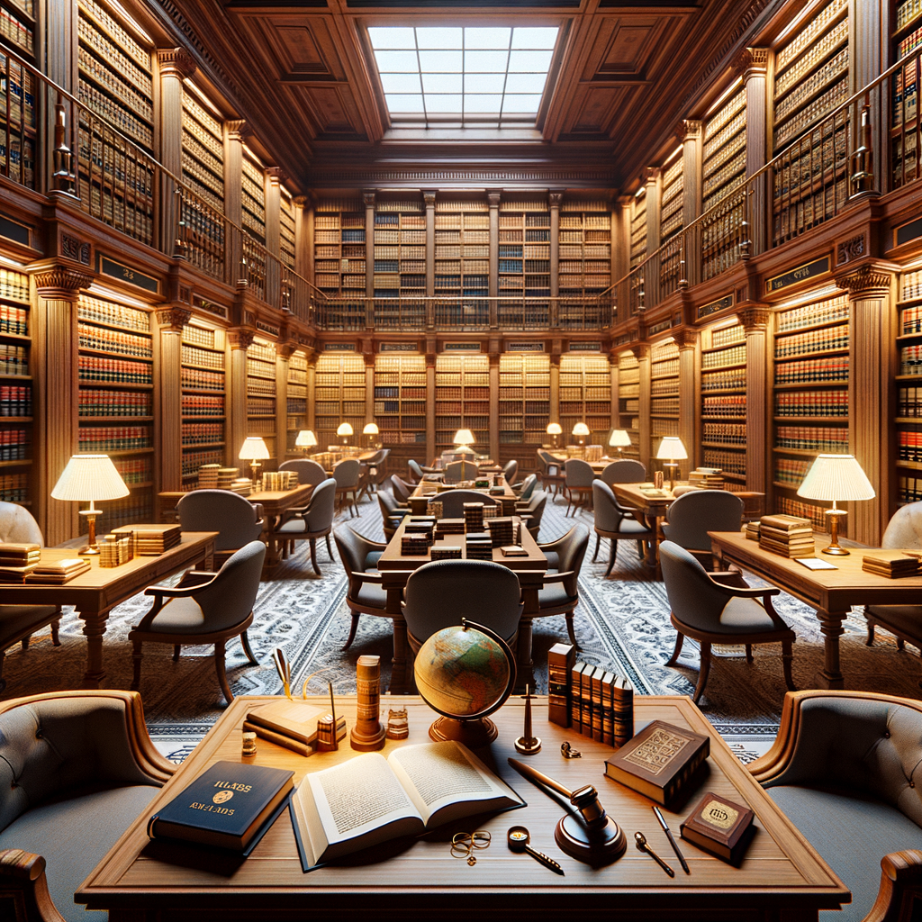 Library reading room with a lot of books on bookcases and a desk with an open book