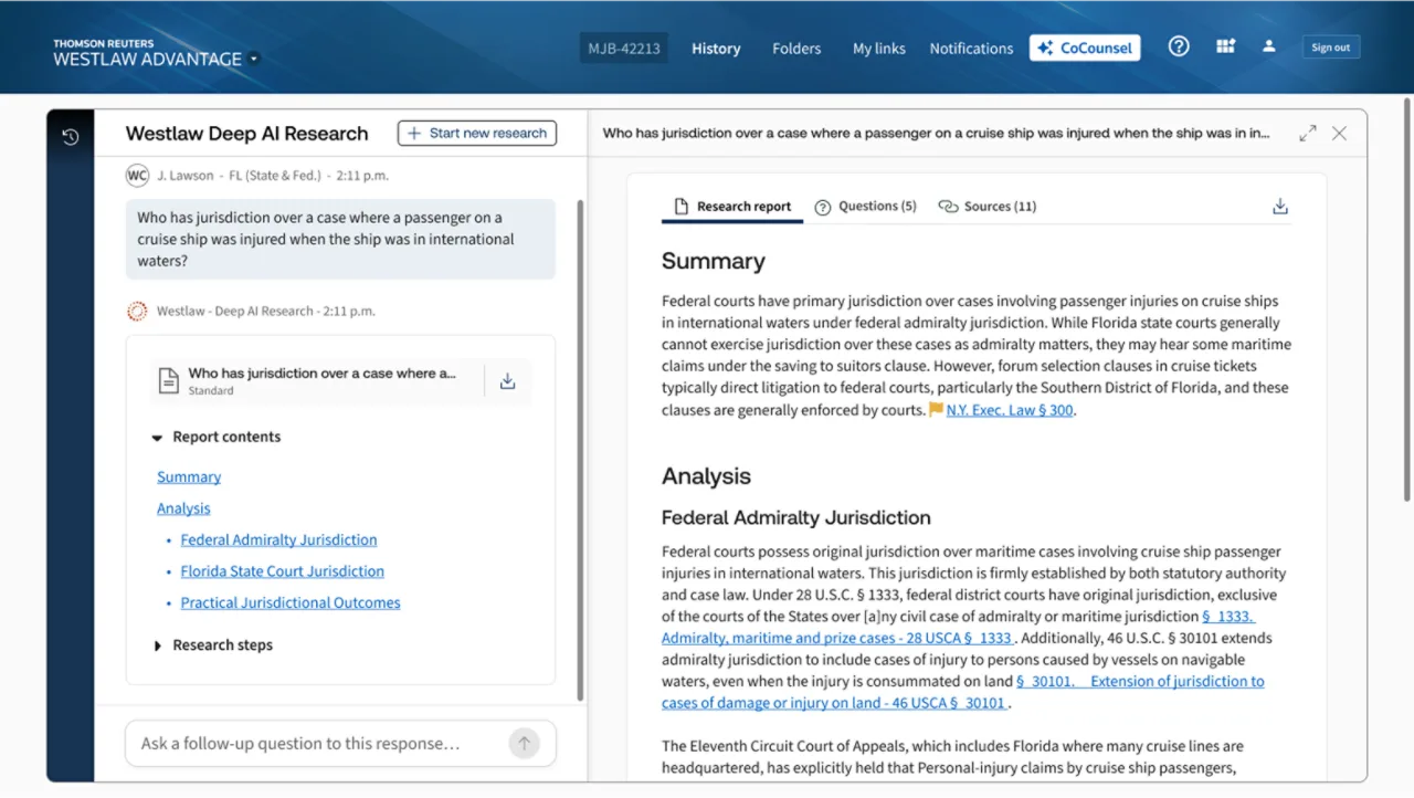 Westlaw Advantage Deep Research user interface
