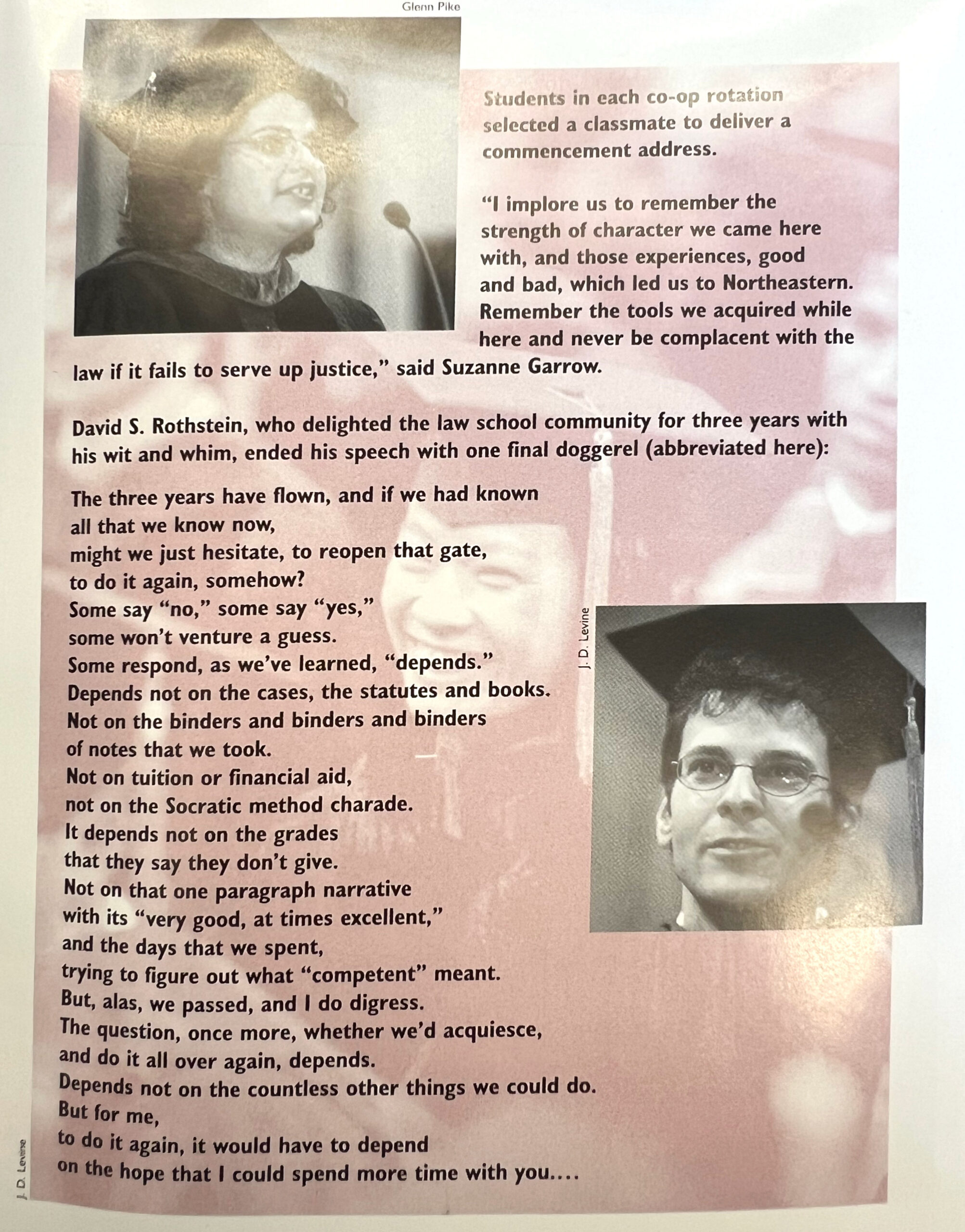 graduation pamphlet for Northeastern School of Law class of 1997 with acknowledgement of speakers Suzanne Garrow and Dave Rothstein