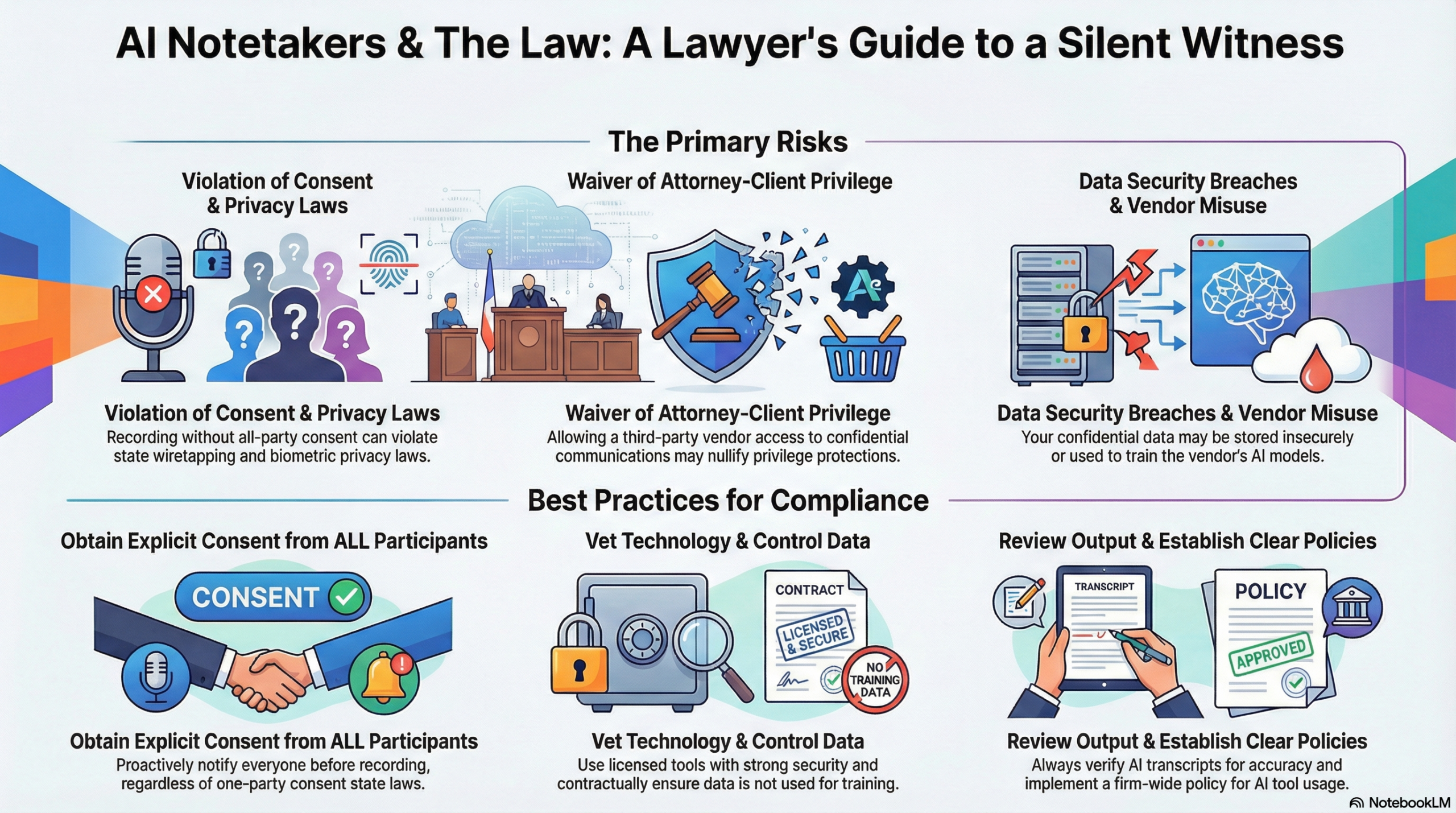 Inforgraphic illustrating dangers of AI transcripts in recorded meetings with clients