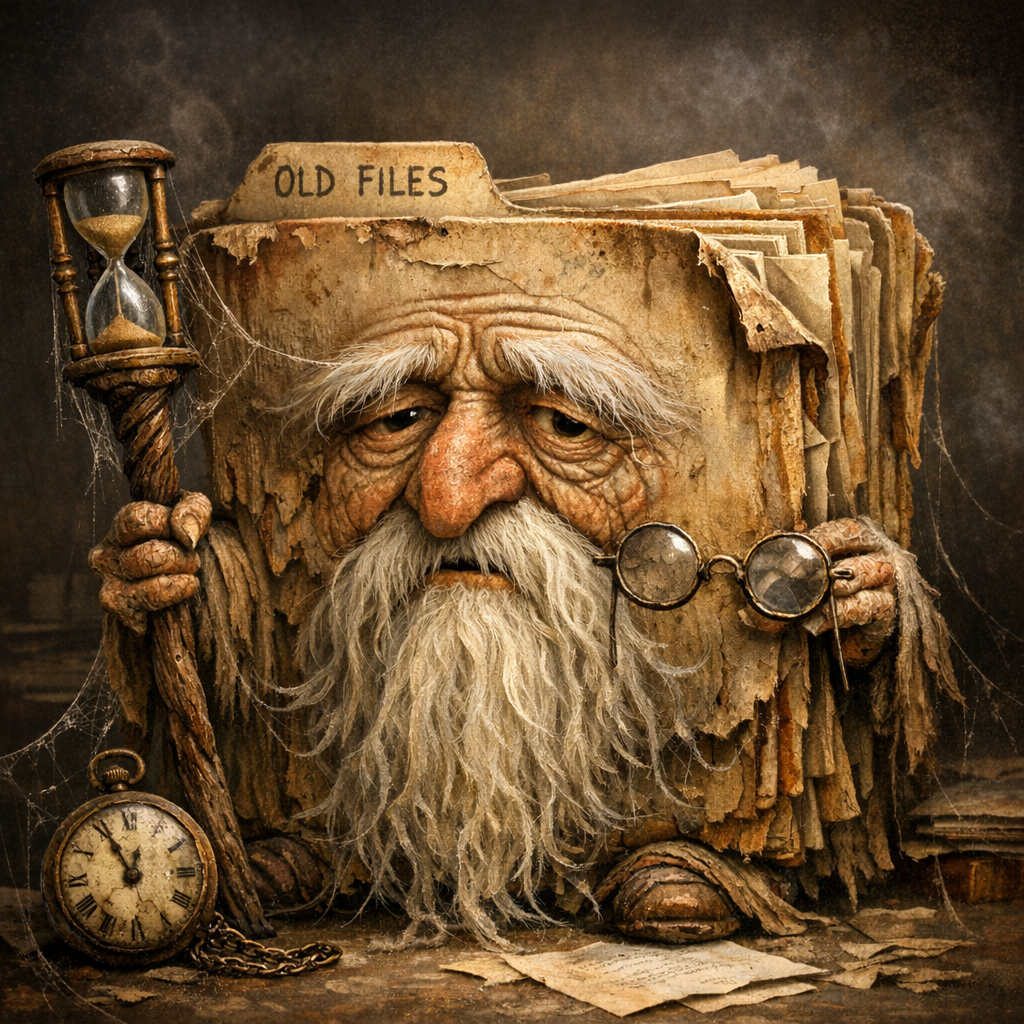 a paper file folder anthropomorphized to depict it is as old as methuselah
