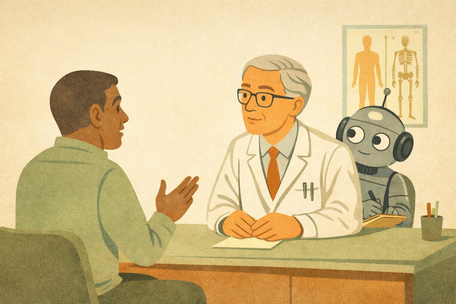 Retro 1960s-style illustration of a doctor's office. A patient speaks to a doctor across a desk while a small robot with large round    eyes sits beside the doctor, holding a notepad. The patient does not appear to notice the robot.