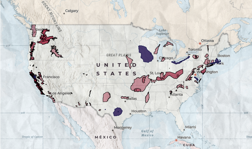 A screenshot of the interactive map from the interactive Story Map, American Viticultural Areas. Purple regions on the map indicate profiled AVAs for the purpose of the narrative. The others in pink indicated the remaining AVAs across the United States.