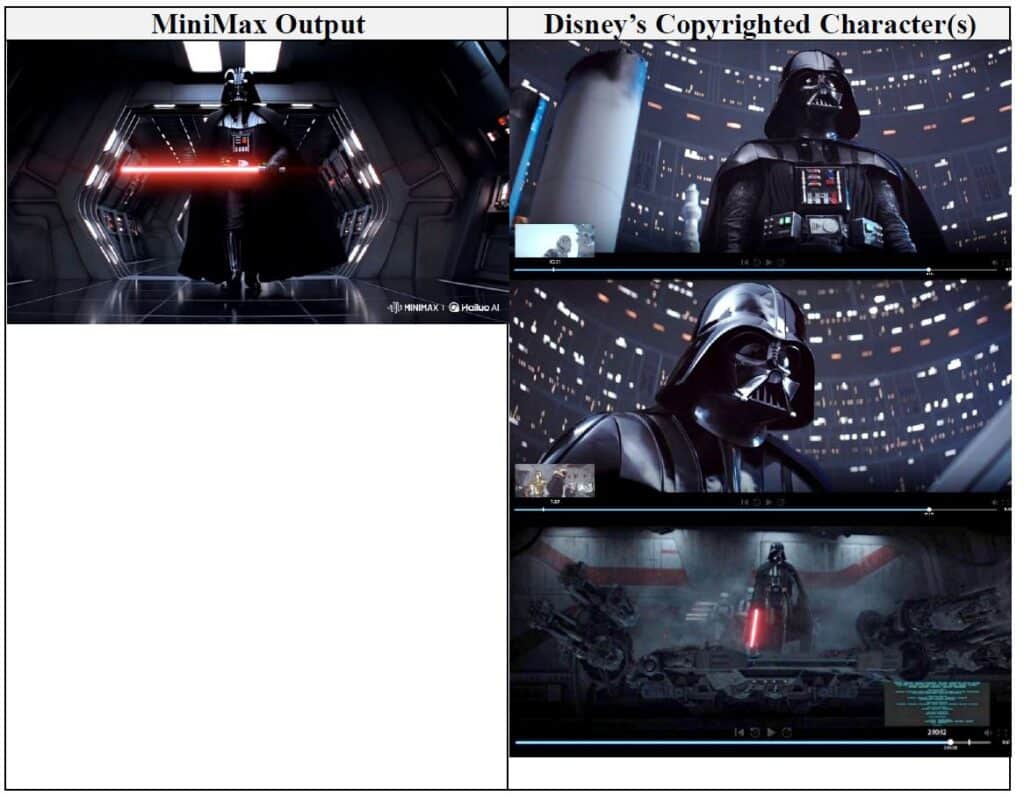 AI-generated video of Darth Vader holding a red lightsaber on the Death Star, created by Hailuo AI in response to a simple text prompt in the Disney v. MiniMax copyright case.
