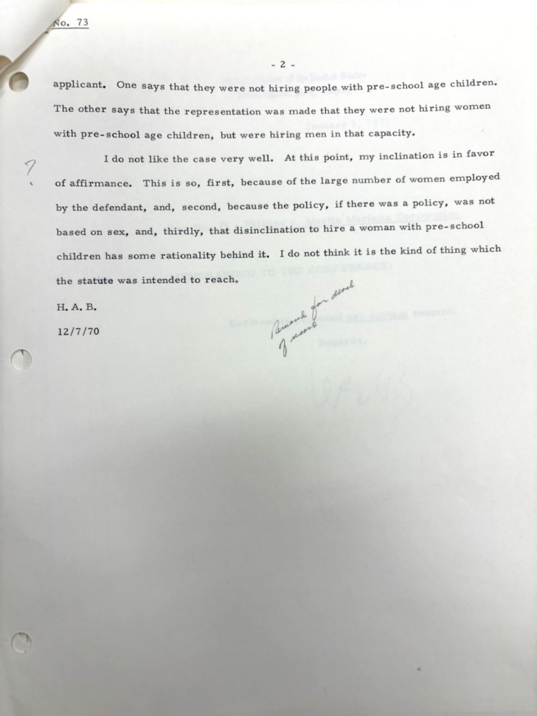 Second page of notes from Justice Blackmun on Phillips v. Martin Marietta Corp.