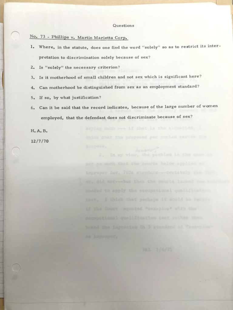 A typed list of six questions found in Justice Blackmun's records.