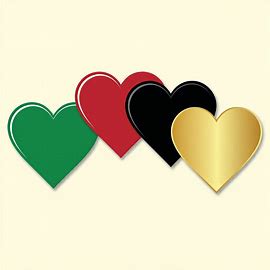 Four overlapping hearts in green, red, black and gold 