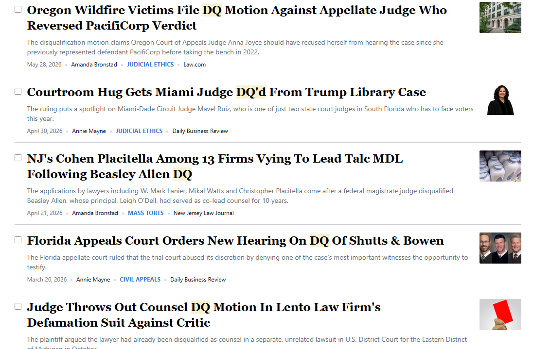 A screenshot of a Law.com search result for headlines with "DQ" in the words.