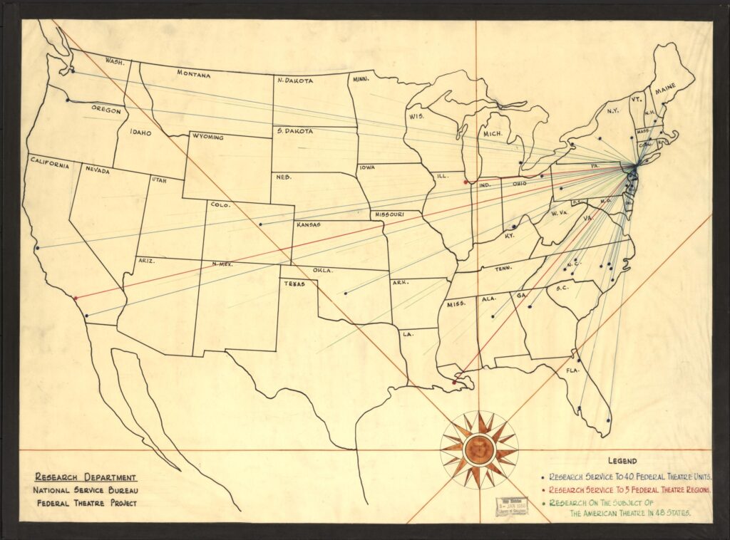 An illustration of a map of the United States with lines leading to the different theatre regions set up by the Federal Theatre Project.
