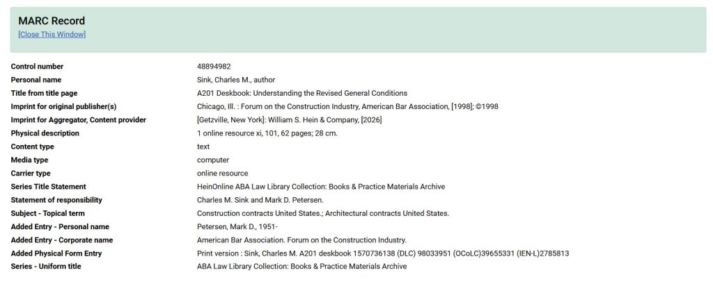 example of a MARC Record in HeinOnline