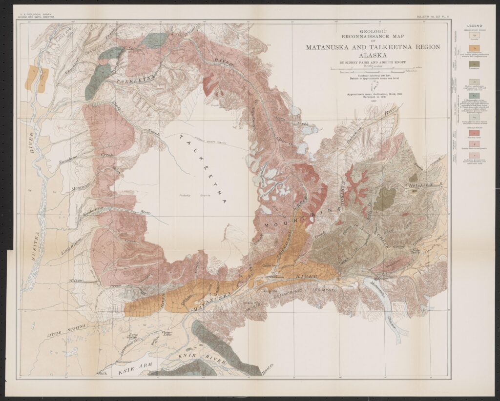 A color map detailing the geologic reconnaisance of the Matanuska and Talkeetna regions of Alaska. With the mountains in the middle, the landscape spreads outward in various colors according to the geologic legend. At the bottom right, the Matanuska Glacier is a light blue shape that curls down towards the corner of the page.